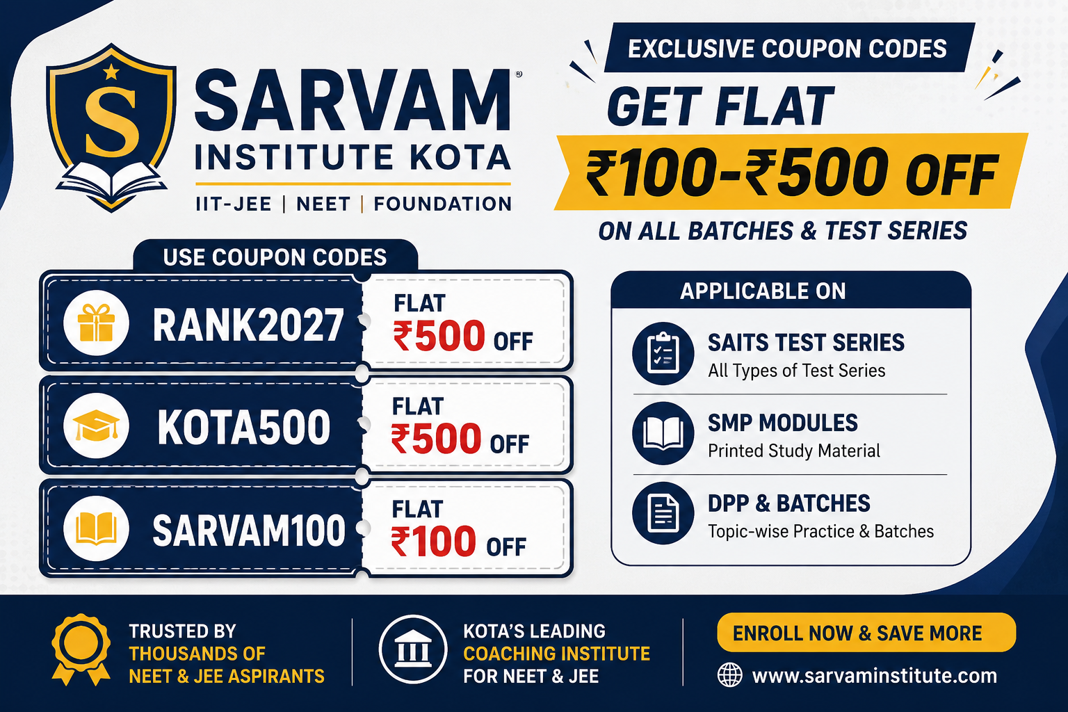 Sarvam Institute Kota Coupon Code RANK2027 Discount